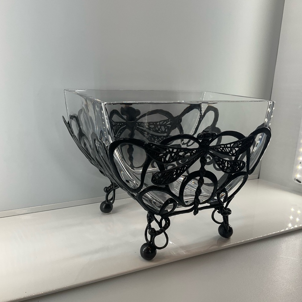CASTILIAN Poland Crystal Bowl & Dragonfly Hefty Centerpiece 2 Pieces RARE! - Picture 3 of 14